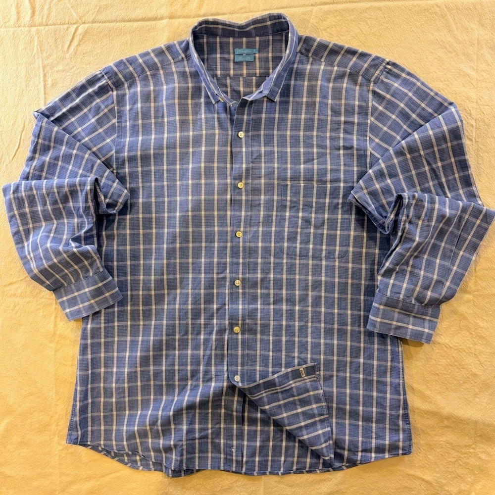 J McLaughlin Trim Fit Plaid Button Down Shirt Mens XL Blue Linen Cotton Blend